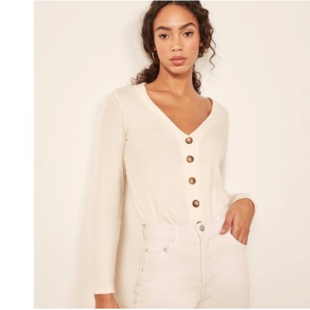NWT Reformation Iris Ribbed Cardigan Button Up Sweater Top Ivory Cream Size L